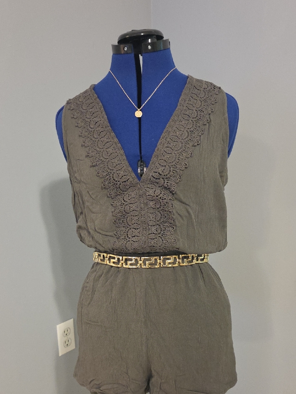 Charlotte Russe Olive Green Crochet V-Neck Romper